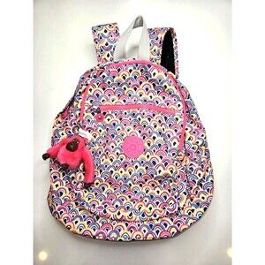 Kipling Rainbow Print Backpack Pink Multicolor School Bag w/ Monkey Keychain